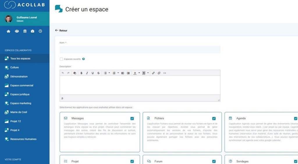 la création d'espaces collaboratifs sur l'outil collaboratif Acollab